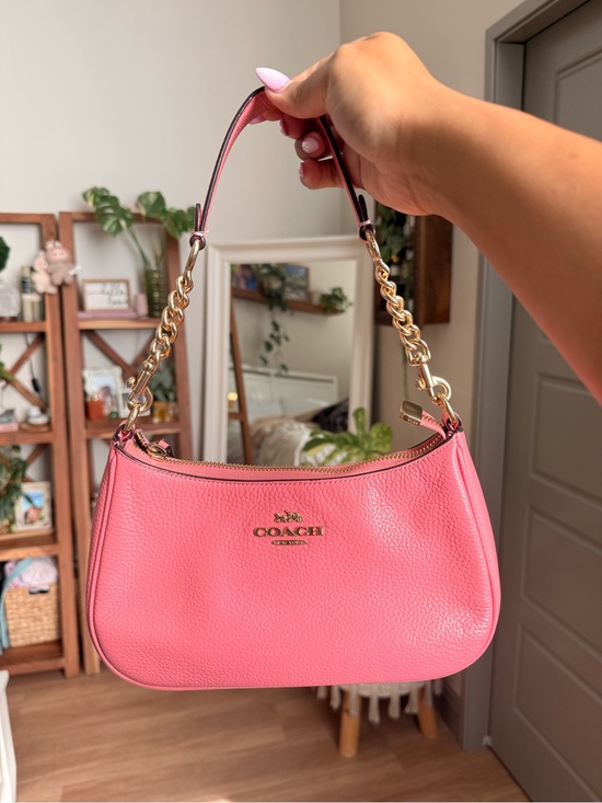Coach Handbags - Coach Pink Pebbled Leather Shoulder Bag with Gold Chain Strap